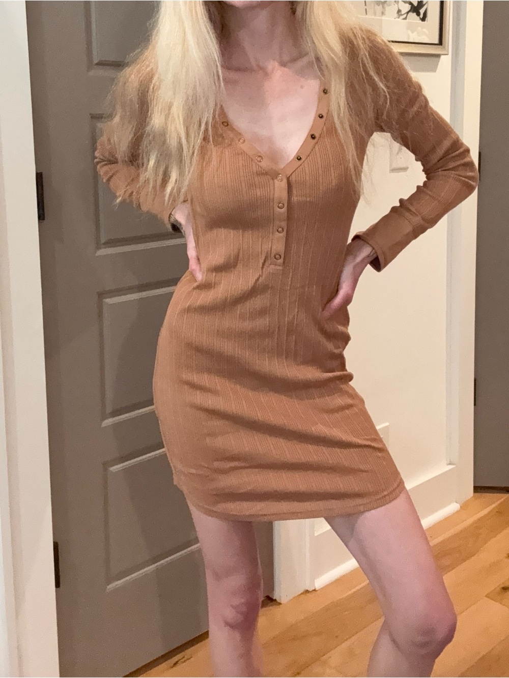 Spell & the Gypsy Collective Ribbed Long-Sleeve V-Neck Bodycon Dress in Camel